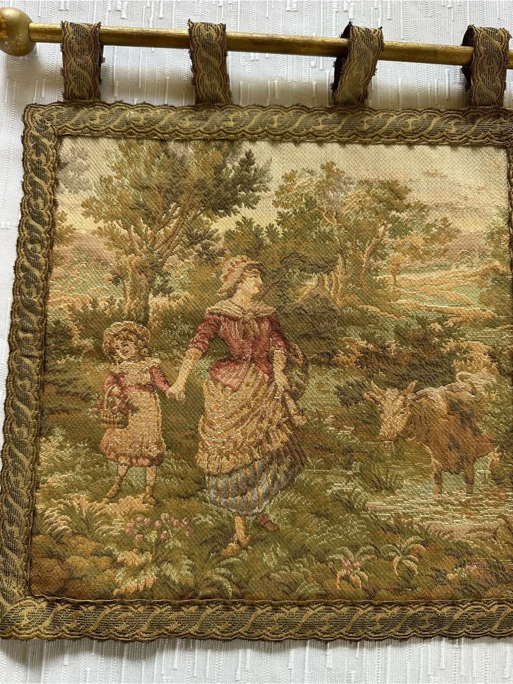 Vintage French Pastoral Style Wall Tapestry Mother Child Country Scene